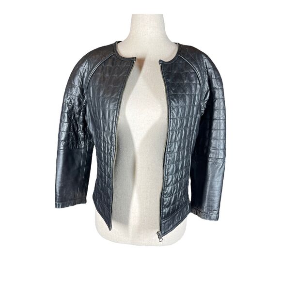 Asos Women's Black Genuine 100% Leather Quilted Jacket 4 Zipper Cuffs - Picture 2 of 9